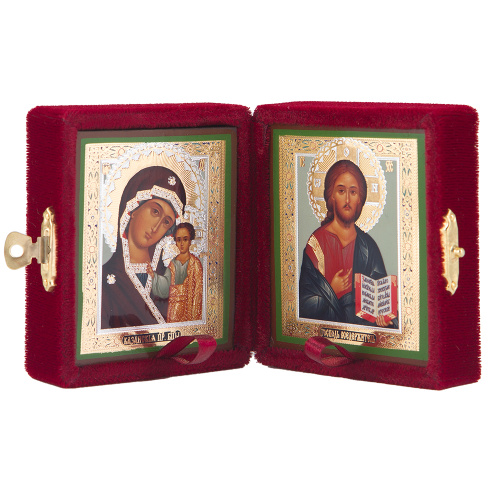 Складень венчальный с ликами Спасителя и Божией Матери "Казанская", 7,5х8,5 см, бархат фото 4