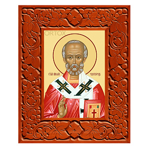 Икона святителя Николая Чудотворца в резной рамке, цвет "кипарис", ширина рамки 12 см (29,7x42 см (А3))
