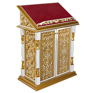 Аналой центральный "Ивановский" белый с золотом (патина), 85х50х120 см (с 2-мя дверками, красная ткань)