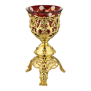 Лампада напрестольная латунная в позолоте с камнями (красный стаканчик)