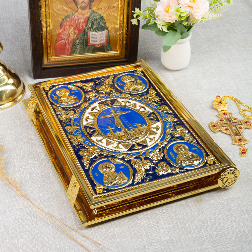 Оклад для Евангелия напрестольного, цинковый сплав, цвет "под золото", синяя эмаль, 25х5х35 см фото 4