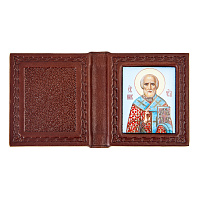 Дорожный складень с ликом святителя Николая Чудотворца, 7,5х8,5 см, кожа