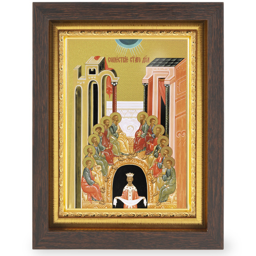 Икона Сошествия Святого Духа, в узком багете, цвет "темный дуб", на холсте, с золочением фото 2