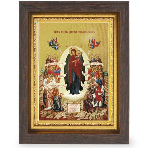 Икона Божией Матери "Всех скорбящих радость", в узком багете, цвет "темный дуб", на холсте, с золочением фото 2