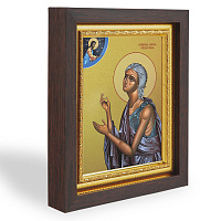 Икона преподобной Марии Египетской, в узком багете, цвет "темный дуб", на холсте, с золочением