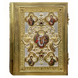 Евангелие напрестольное, латунный оклад в позолоте, фианиты, 30х35 см (ср. вес 8,2 кг)
