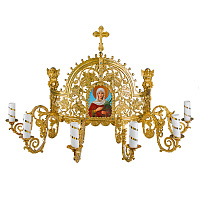Церковное бра из латуни на 6 свечей, с иконой, 112х53 см