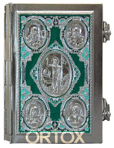 Евангелие требное малое, полный оклад, 12х15,5 см, эмаль, зеленое  (никелирование				)