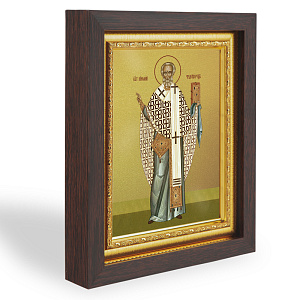 Икона Николая Чудотворца, в узком багете, цвет "темный дуб", на холсте, с золочением, №2 (14,3х17,4 см (под икону А7))