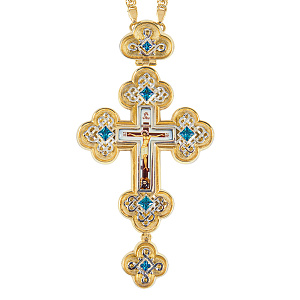 Крест наперсный из ювелирного сплава в позолоте и серебрении с цепью, фианиты, 7,5х14,5 см (голубые фианиты)