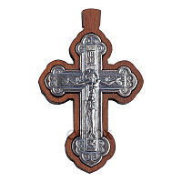Нательный крестик деревянный с распятием из мельхиора, серебрение, 2,8х4,4 см