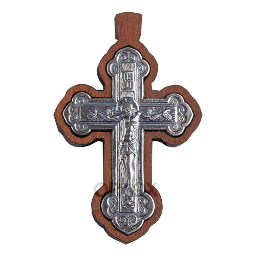 Нательный крестик деревянный с распятием из мельхиора, серебрение, 2,8х4,4 см