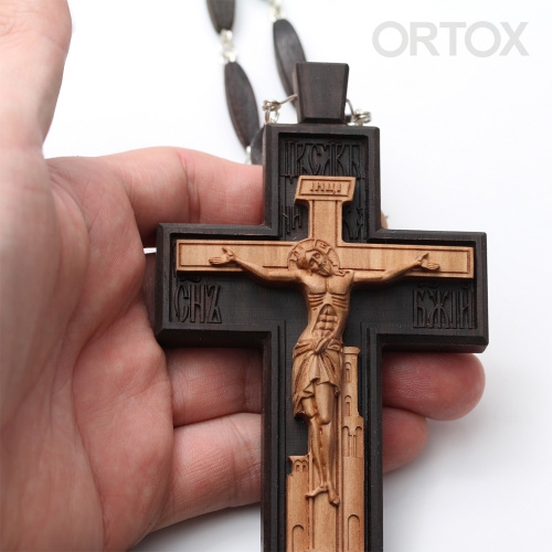 Крест наперсный протоиерейский деревянный резной, с цепью, 7х12 см фото 4