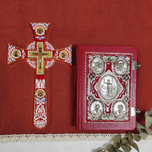 Крест требный четырехконечный, красная эмаль, камни, 17х29 см фото 12