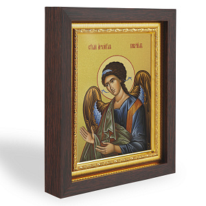Икона Архангела Гавриила, в узком багете, цвет "темный дуб", на холсте, с золочением (14,3х17,4 см (под икону А7))