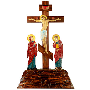 Крест-голгофа напольная с предстоящими, цветная роспись, резьба (высота 180 см)
