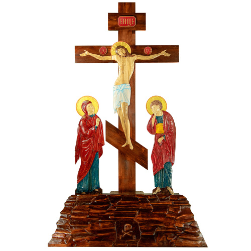 Крест-голгофа напольная с предстоящими, цветная роспись, резьба
