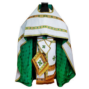 Иерейское облачение бело-зеленое, цветной галун, лен, зеленый подклад с рисунком "крест" (машинная вышивка)