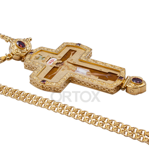 Крест наперсный латунный с цепью в позолоте, деколь, фианиты, 8х15,5 см фото 2