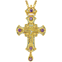 Крест наперсный латунный в позолоте, фиолетовые фианиты, высота 16 см