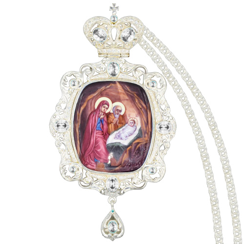 Панагия серебряная с финифтевым образом и цепью, фианиты фото 2 Панагия серебряная с финифтевым образом и цепью, фианиты фото 2