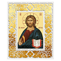 Икона Спасителя "Господь Вседержитель" в резной рамке, цвет "белый с золотом" (поталь), ширина рамки 12 см