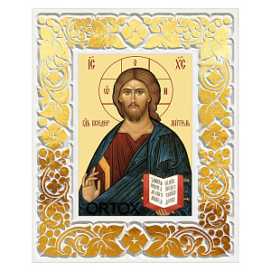 Икона Спасителя "Господь Вседержитель" в резной рамке, цвет "белый с золотом" (поталь), ширина рамки 12 см (29,7x42 см (А3))
