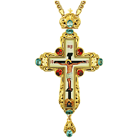 Крест наперсный латунный, позолота, голубые фианиты, высота 17 см
