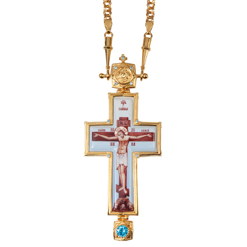 Крест наперсный из ювелирного сплава в позолоте с цепью, фианиты, 5,2х12,5 см