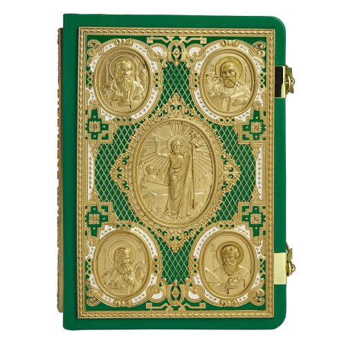 Евангелие требное среднее зеленое, оклад "под золото", кожа, эмаль, 17х22 см фото 8
