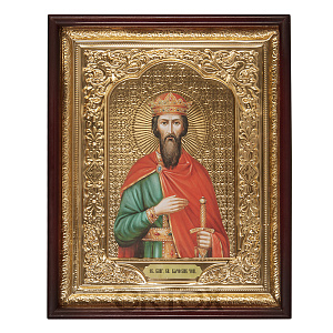 Икона большая храмовая благоверного князя Вячеслава Чешского, прямая рама (40х46 см)