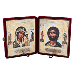 Складень венчальный с ликами Спасителя и Божией Матери "Казанская", 18,5х22 см, бархат, №1 (бордовый)