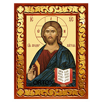 Икона Спасителя "Господь Вседержитель" в резной рамке, цвет "кипарис с золотом" (поталь), ширина рамки 7 см