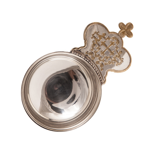 Ковш для запивки из ювелирного сплава в серебрении с фрагментарной позолотой, на ножке, Ø 7,8 см фото 2