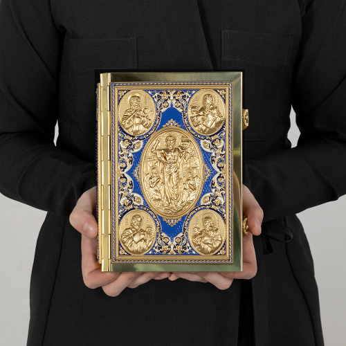 Евангелие требное среднее синее, полный оклад "под золото", 17х22 см фото 5