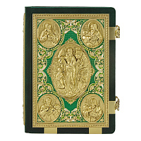 Евангелие напрестольное зеленое, оклад "под золото", бархат, эмаль, 24х31 см