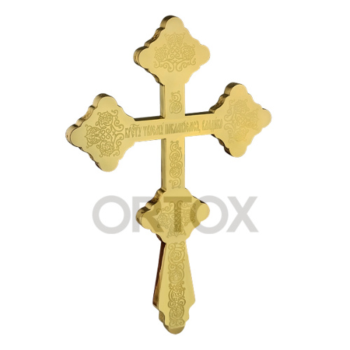 Крест напрестольный латунный в позолоте с фрагментарным серебрением, 12х29 см фото 2