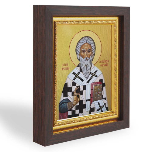 Икона святителя Арсения, архиепископа Сербского, в узком багете, цвет "темный дуб", на холсте, с золочением