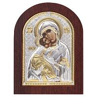 Икона греческая Божией Матери "Владимирская", арочной формы на темной деревянной основе, металлическ