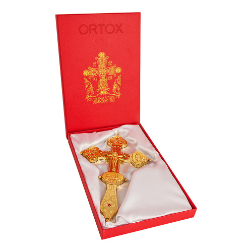 Крест напрестольный латунный, гравировка, камни, цвет "под золото" фото 10