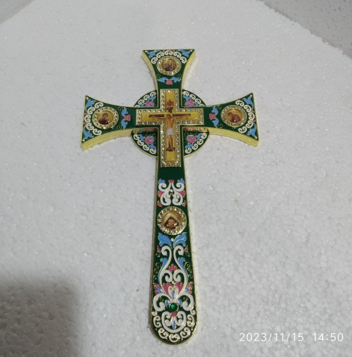 Крест требный четырехконечный, зеленая эмаль, камни, 17х29 см, 100-0921 фото 2