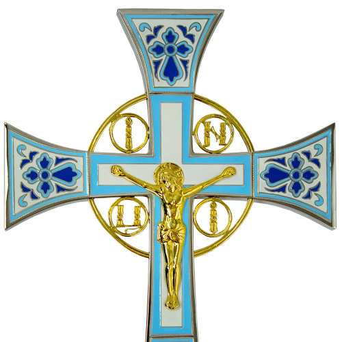 Крест напрестольный латунный "Новгородский", 18х32 см, голубой, золотые буквы фото 3