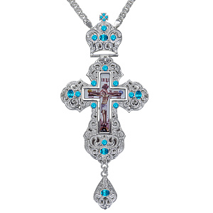 Крест наперсный из ювелирного сплава в серебрении с цепью, фианиты, 8х17,7 см (голубые фианиты)
