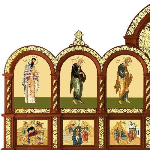 Иконостас деревянный резной "Владимирский" трехъярусный, цвет "кипарис" с золотом (поталь), 690х620х40 см фото 7 Иконостас деревянный резной "Владимирский" трехъярусный, цвет "кипарис" с золотом (поталь), 690х620х40 см фото 7