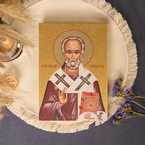 Икона Николая Чудотворца на деревянной основе светлая, на холсте с золочением фото 3