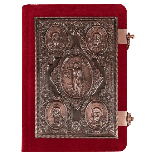 Евангелие требное среднее красное, оклад "под бронзу", бархат, 17х22 см
