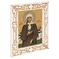 Икона блаженной Ксении Петербургской, в узкой резной раме, белая с золотом (патина), холст с золочением, ширина рамы 7 см