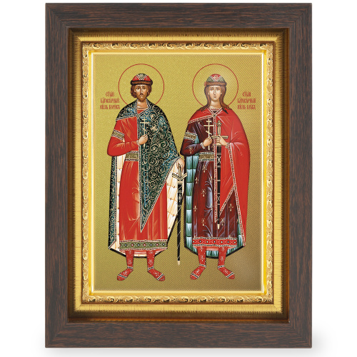 Икона благоверных князей-страстотерпцев Бориса и Глеба, в узком багете, цвет "темный дуб", на холсте, с золочением фото 2