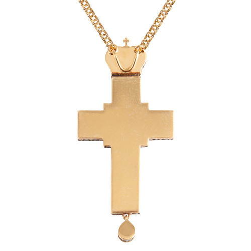 Крест наперсный из ювелирного сплава в позолоте с цепью, фианиты, эмаль, 6,5х14 см фото 2 Крест наперсный из ювелирного сплава в позолоте с цепью, фианиты, эмаль, 6,5х14 см фото 2