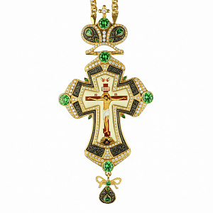 Крест наперсный из ювелирного сплава в позолоте с цепью, фианиты, 8х17 см (зеленые фианиты)